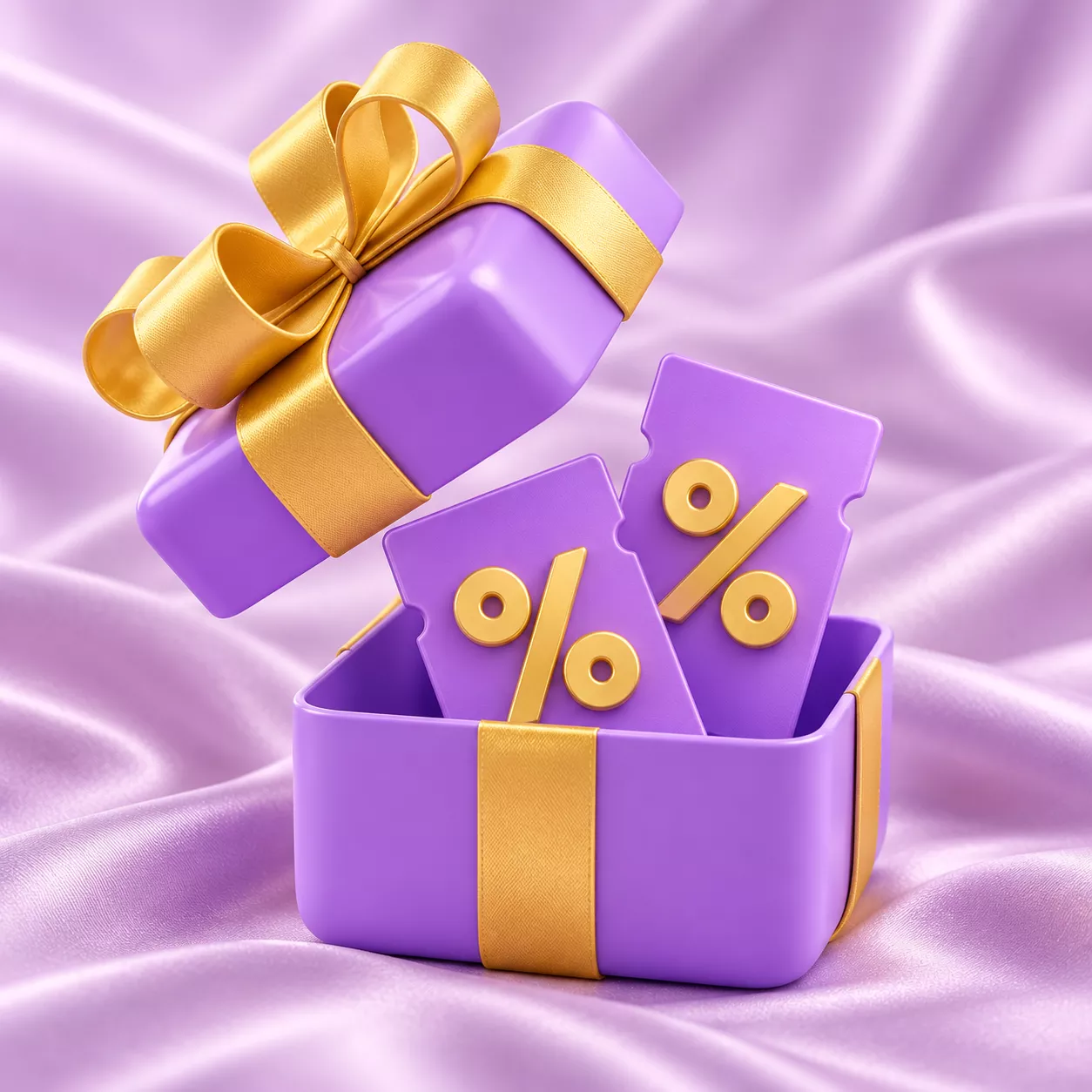 جعبه هدیه بنفش و کارت‌های تخفیف طلایی